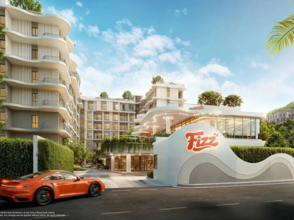 Fizz Kata, Phuket: Exterior: entrance, clubhouse with Fizz sign, 7-storey resid