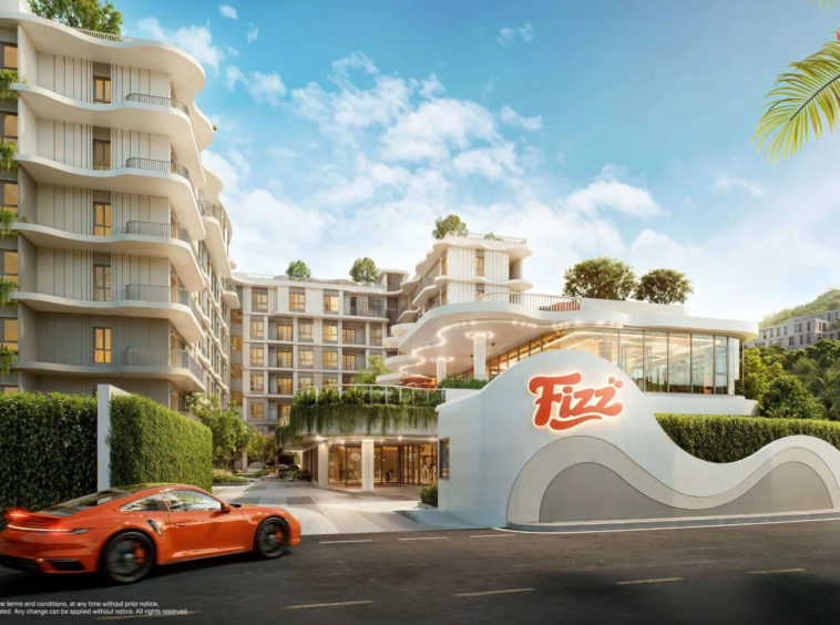 Fizz Kata, Phuket: Exterior: entrance, clubhouse with Fizz sign, 7-storey resid