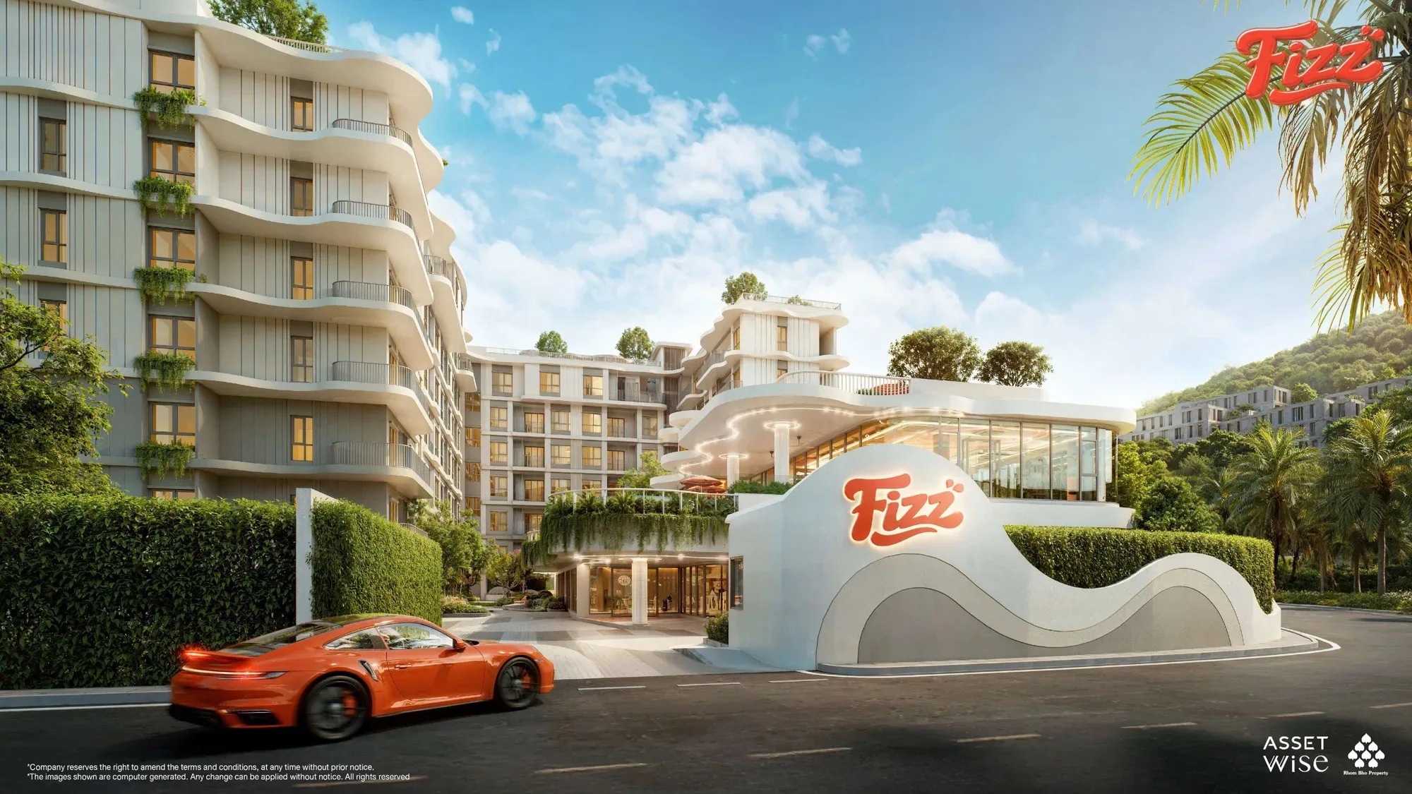 Fizz Kata, Phuket: Exterior: entrance, clubhouse with Fizz sign, 7-storey resid