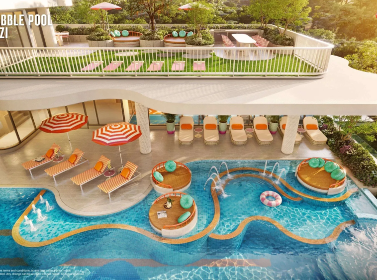 Fizz Kata, Phuket: Aerial view of the pools and the sky bathing terrace on the