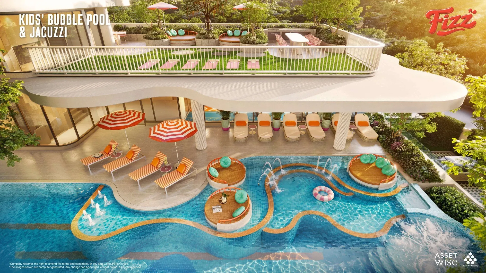 Fizz Kata, Phuket: Aerial view of the pools and the sky bathing terrace on the