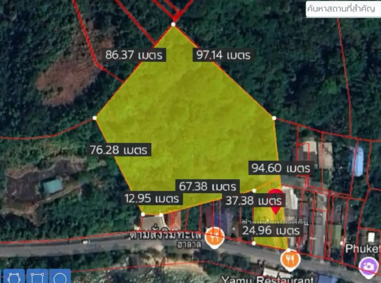 Plot outline of the 7.5 rai land at Yamu with indicative boundary lengths (LandsMaps)