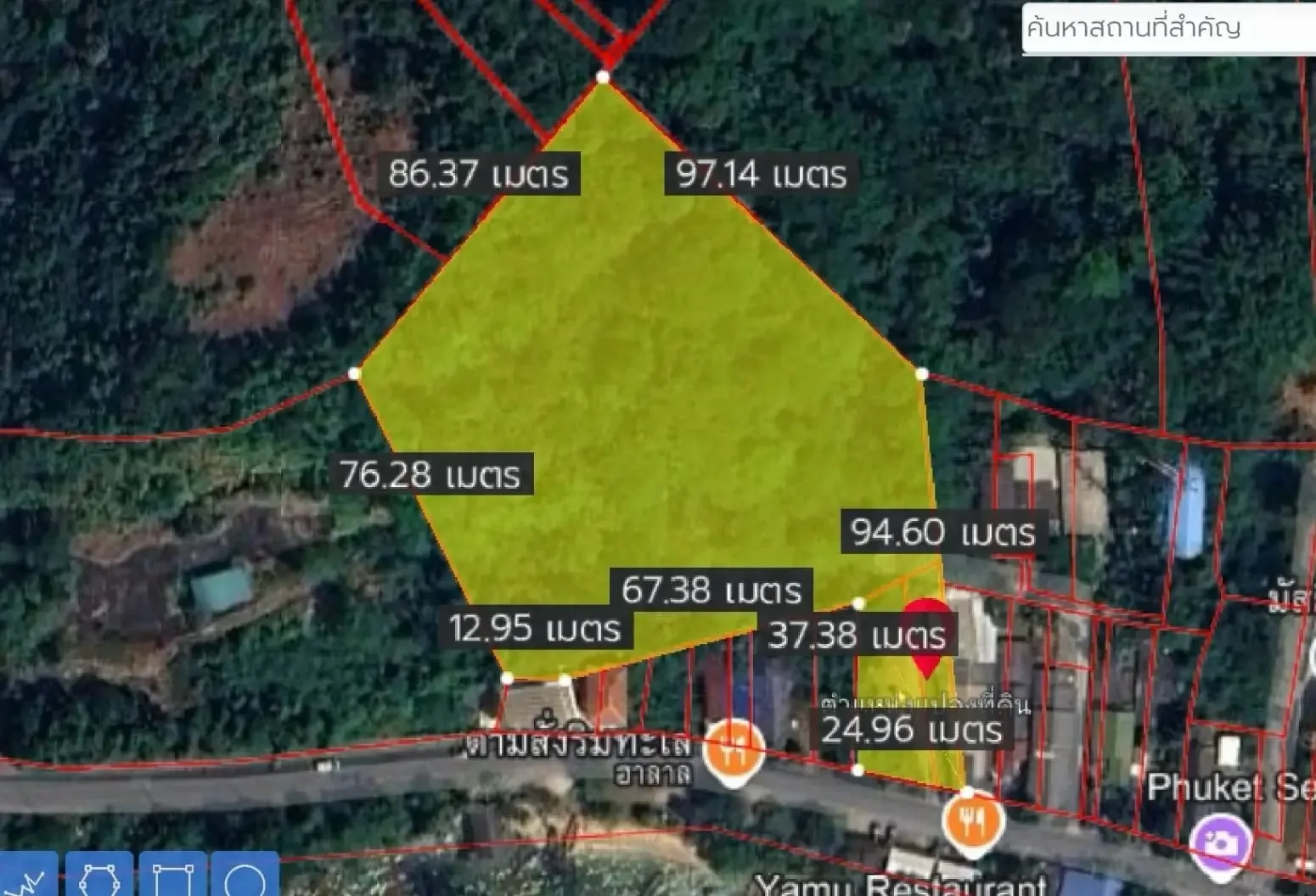 Plot outline of the 7.5 rai land at Yamu with indicative boundary lengths (LandsMaps)