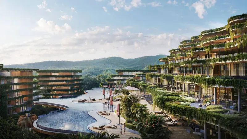Layan Verde condo buildings with terraced gardens and pools (developer render)