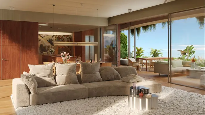 Layan Verde living room opening onto a terrace (developer render)